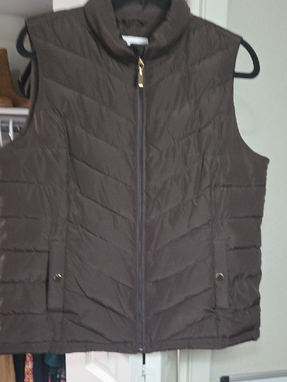 Charter Club Dark Brown Quilted Puffer Vest with Gold Zipper